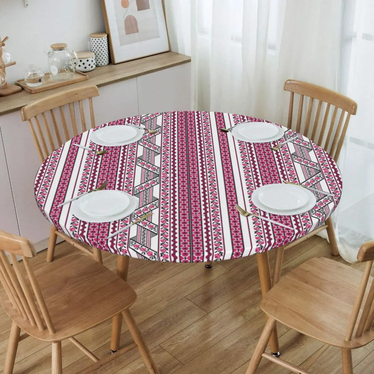 

Round Oil-Proof Ukrainian Embroidery Vyshyvanka Tablecloth Backed Elastic Edge Cover 40"-44" Fit Ukraine Bohemian Table Cloth