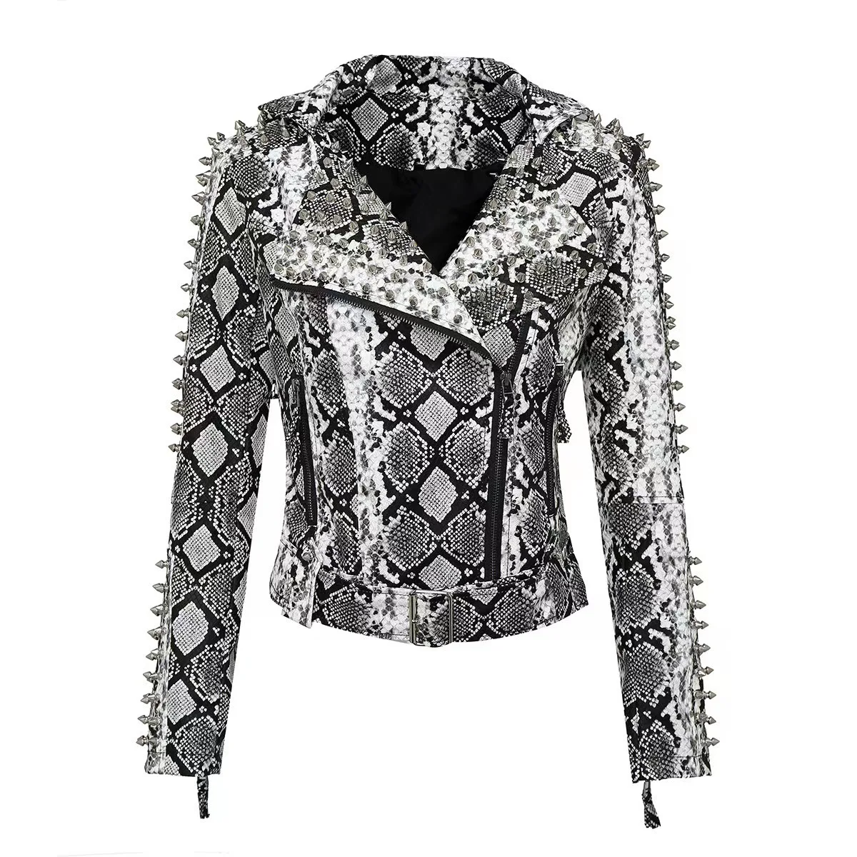 Popular Rivets Pu Leather Short Long Sleeves Belt Biker Motor Jacket Women's Tops Plus Size