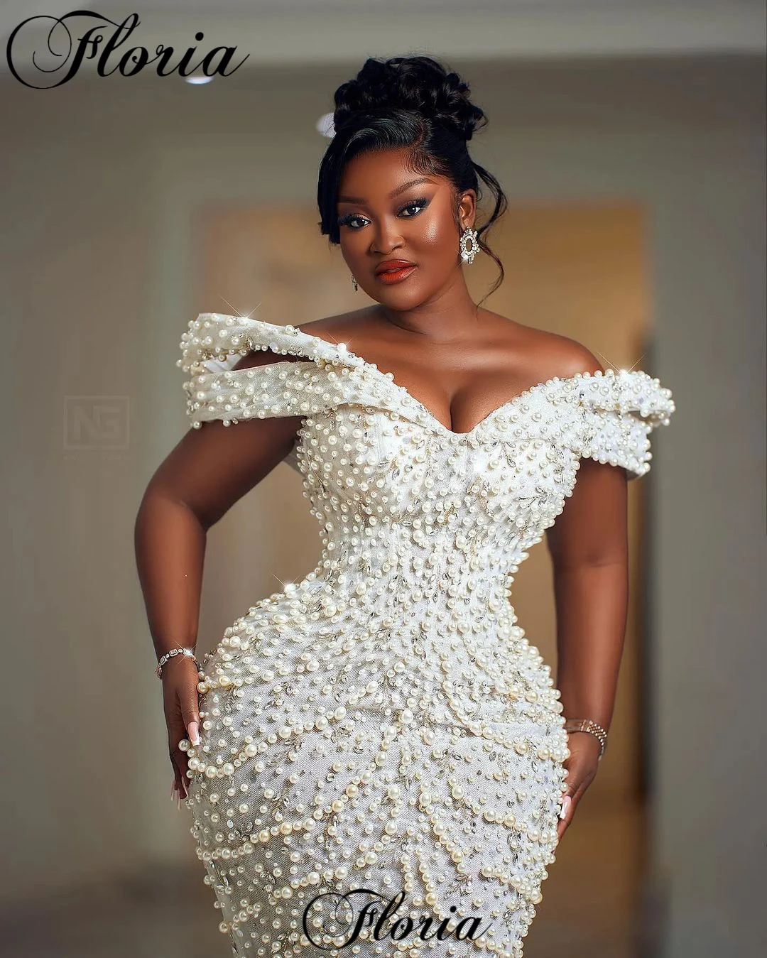 African Ivory Pearls Celebrity Dresses With Feathers Train Off Shoulder Elegant Evening Gowns For Black Girls Vestidos De Noche