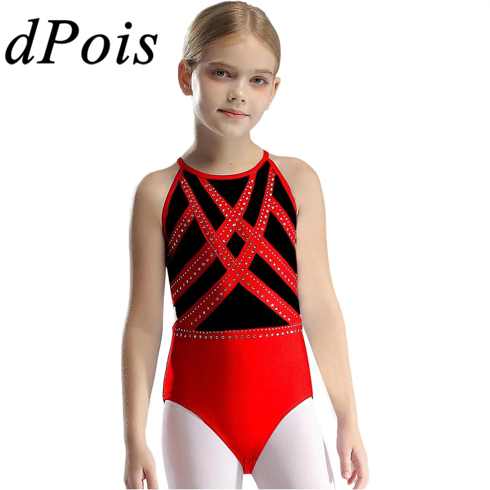 

Kids Sleeveless Rhythmic Gymnastics Leotard Children Keyhole Back Figure Skating Bodysuit for Girls Rhinestones Dance Costume