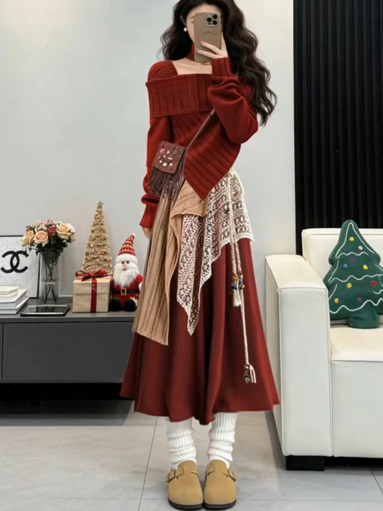 

New Year's Day Women's Faion Set High Waist Red Top with oulder Exposure Outer Curtain Bunting Skirt Tee-Piece Set