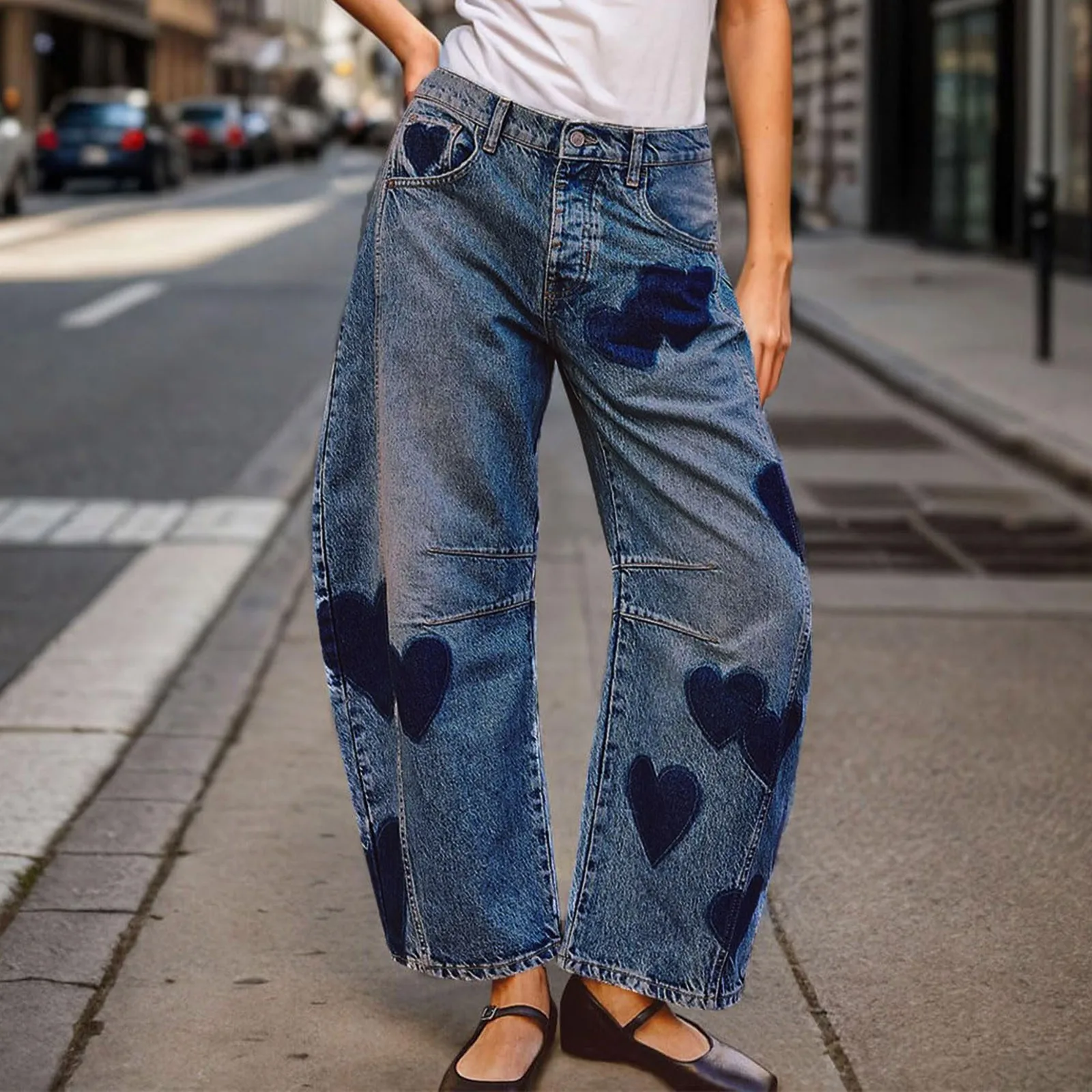 

Baggy Denim Pants For Women Heart Printed Barrel Jeans Mid Rise Ankle Length Pants Vintage Korean Fashion Boyfriend Jeans Female