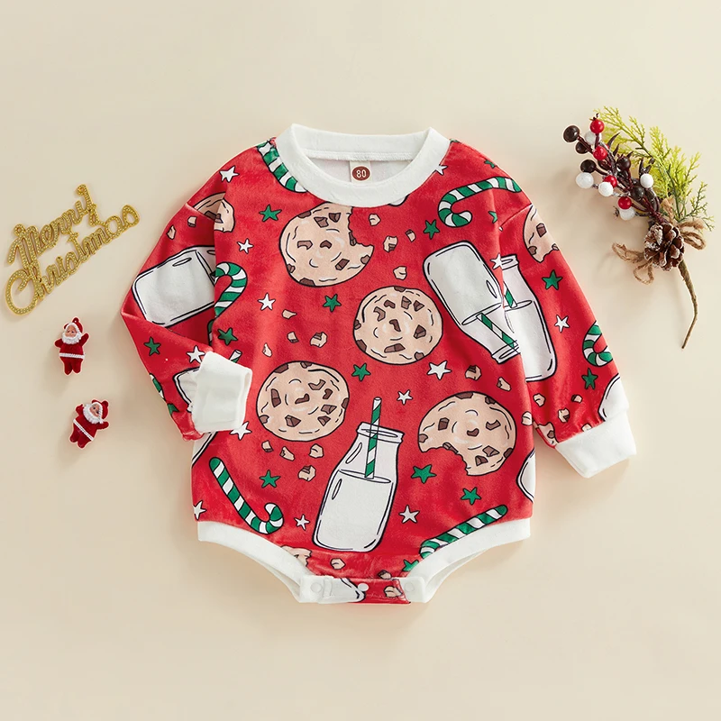 Infant Unisex Bodysuit Adorable Long Sleeve Round Neck Cookie Patterned Cozy Autumn Winter  Outfit