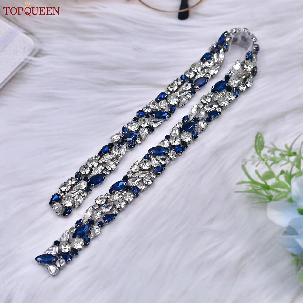 TOPQUEEN-cinturilla fina nupcial para mujer, cinturón de boda con diamantes de imitación azules, decoración de escenario, S85-ML