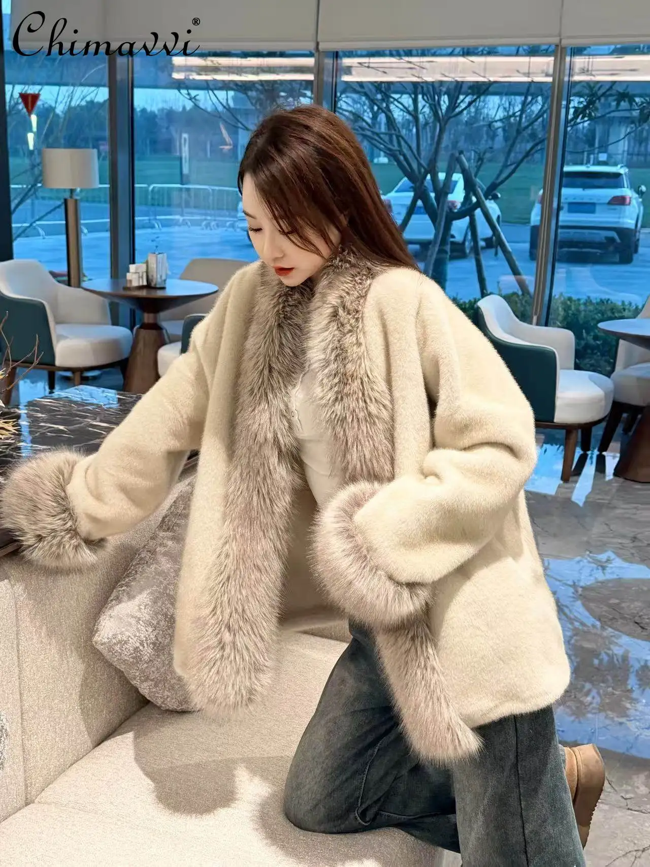 

Элегантное зимнее пальто с меховой подкладкой из искусственного меха норки, новая коллекция, свободный крой, длинный рукав, женская верхняя одежда