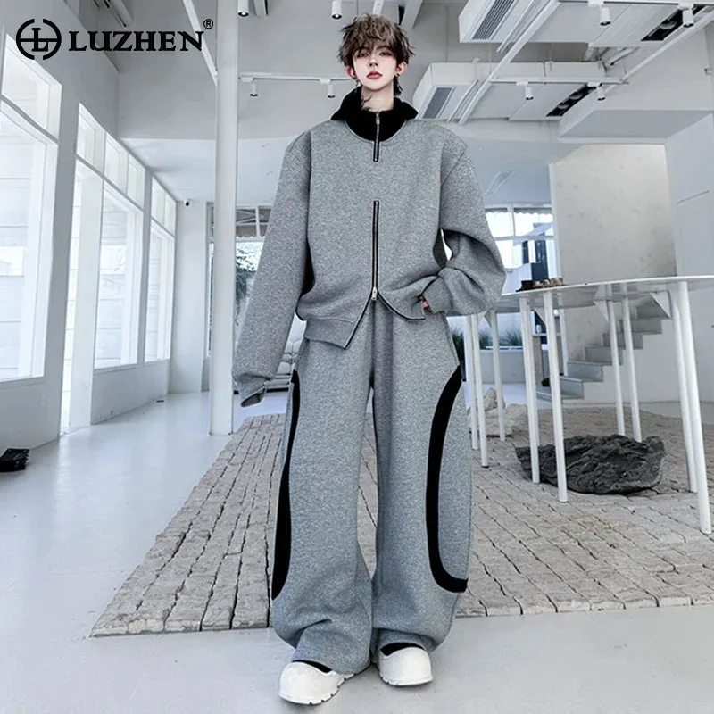 

LUZHEN двойная молния с капюшоном, мужское модное мешковатое цветное контрастное дизайнерское пальто, широкие повседневные брюки, комплекты из двух предметов JY4362