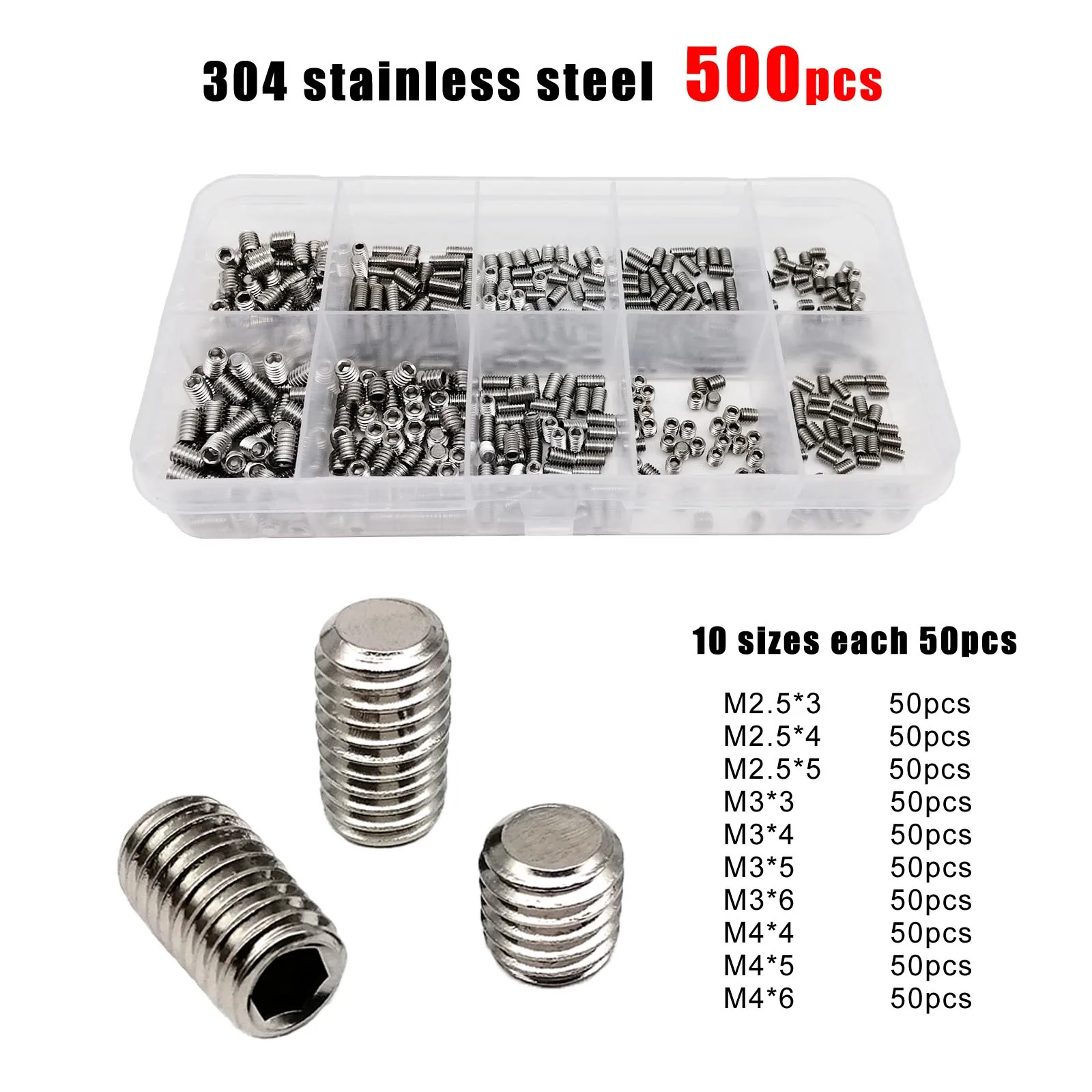 500pcs DIN913 Hex Hexagon Socket Allen Flat Point Set Screw Grub Bolt M2.5 M3 M4 304 A2 Stainless Steel Grade 12.9 Steel Kit Box