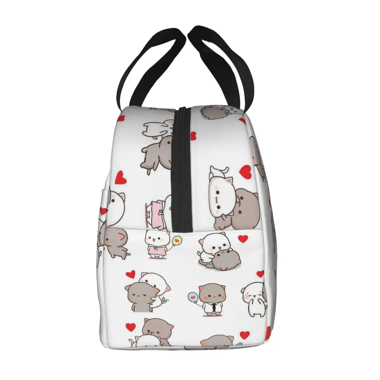 Cute Mochi Peach and Goma Cat Pattern Lunch Tote Bag Insulated Leakproof Lunch Box Container with Front Pocket for Girls Boys