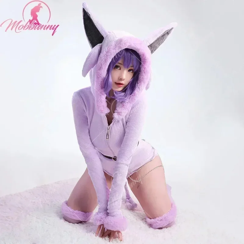 Mobbunny PM Derivative Fluffy Bodycon Romper Pajama Purple Furry Long Sleeve Hooded Bodysuit Jumpsuit with Tail Belt and Socks