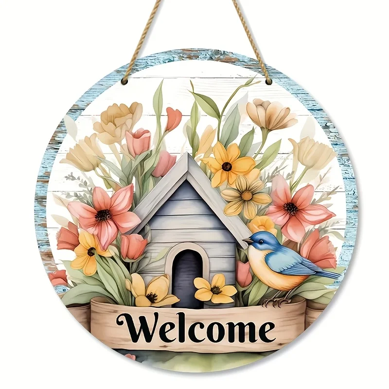 1 قطعة علامة ترحيب خشبية دائرية للمزرعة الريفية ، تصميم زهور وطيور للربيع/الصيف مطبوع بالأشعة فوق البنفسجية ، ديكور جداري متعدد الاستخدامات للمنزل