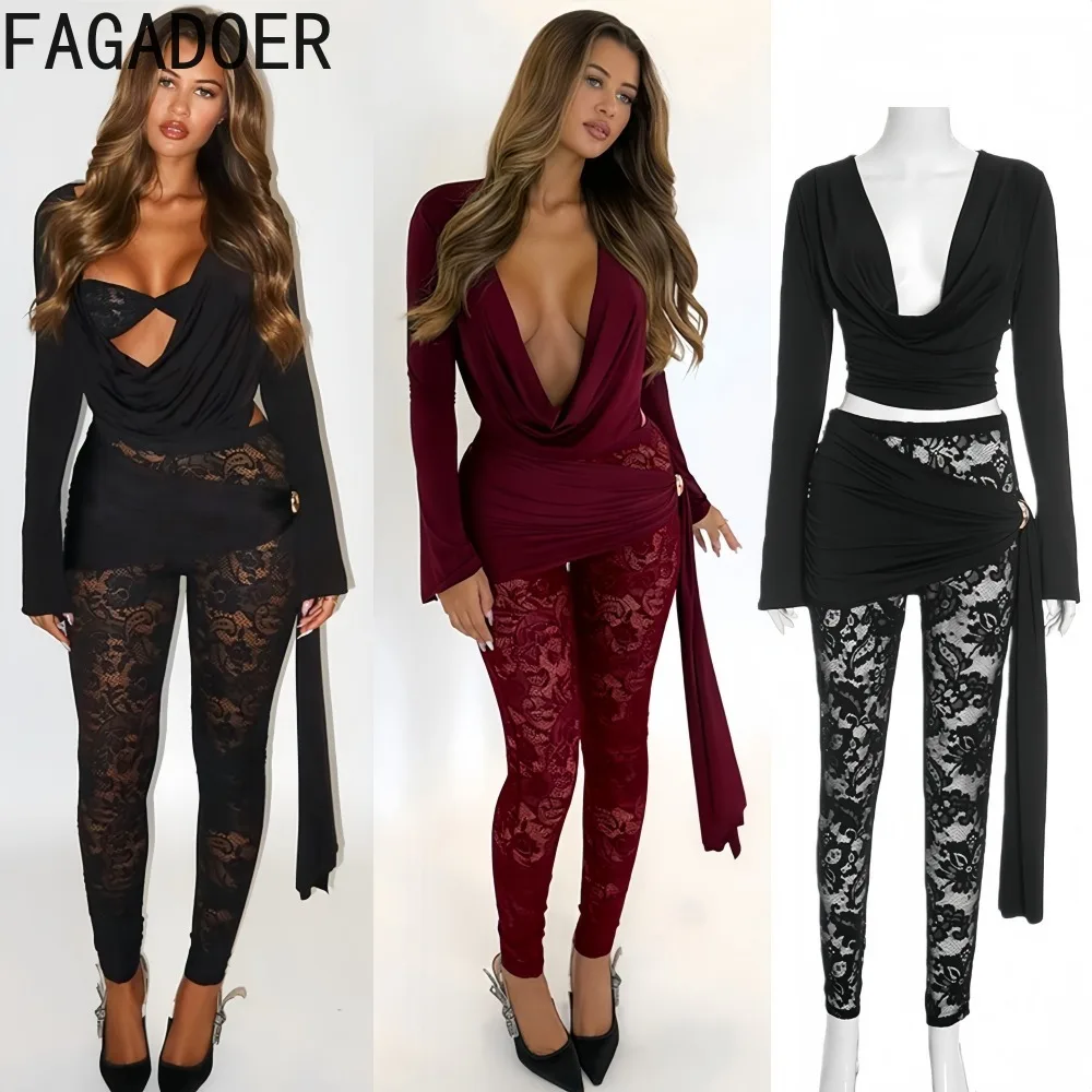 

FAGADOER сексуальный кружевной лоскутный женский комплект из 2 предметов, наряд с глубоким v-образным вырезом и длинными рукавами, прозрачные укороченные топы + брюки, женская уличная одежда