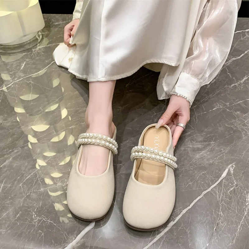 Fashion Bowknot Pearl Flat Bottom Baotou Half Slippers Women New 2024 Summer Shallow Mouth Mary Jane Single Shoes Casual Slides