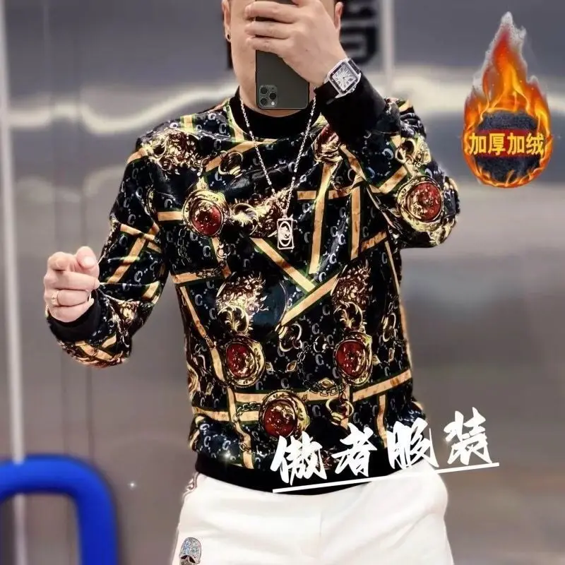 Autumn Winter New Velvet Thickened Warm Casual Bottoming Shirt Trendy Fashion Underwear Sweater Extra Large Size Men's Clothing