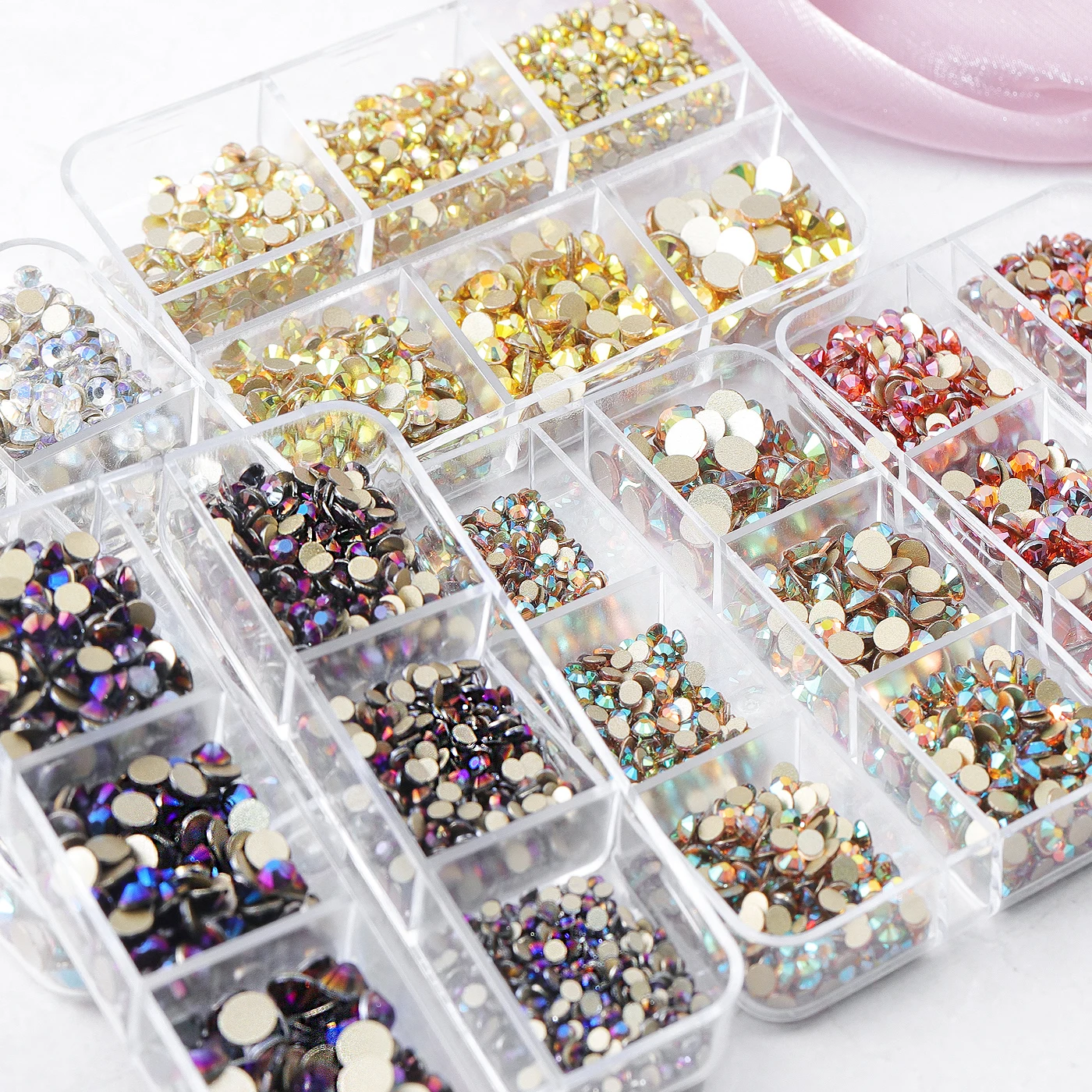 1440 Pcs Mixed Sizes SS6-SS30 Glass Non Hotfix Rhinestones 6Grid Box Flat Back Glitter for Needlework Nail Art Dress Decoration