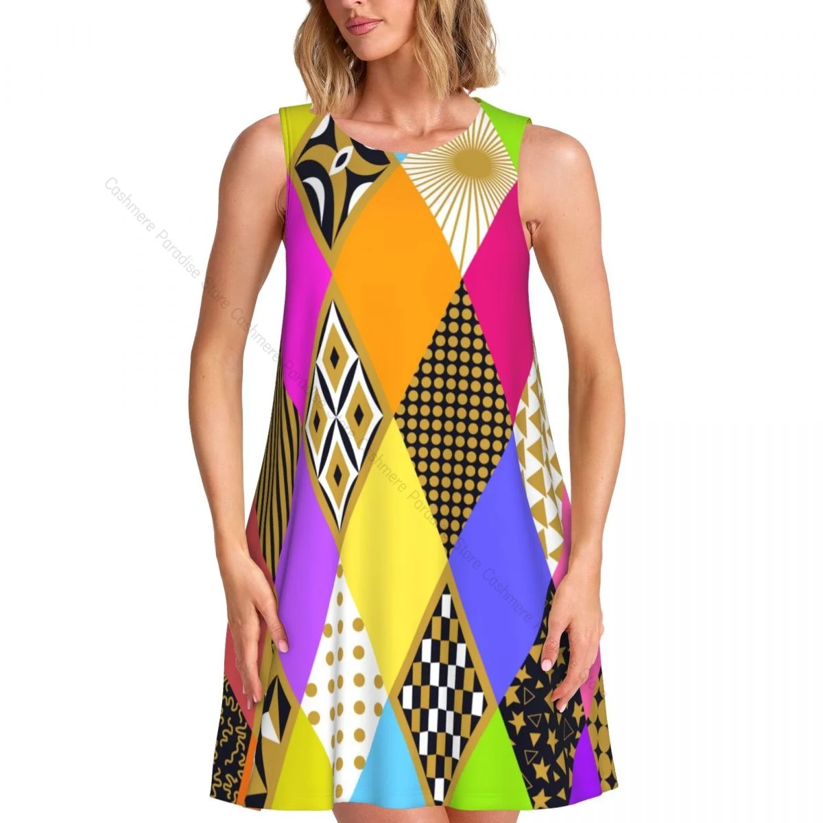 Robes d'été pour femmes, t-shirt de plage, sans manches, géométrique, coloré, carnaval, décontracté, ample, débardeur, 2025