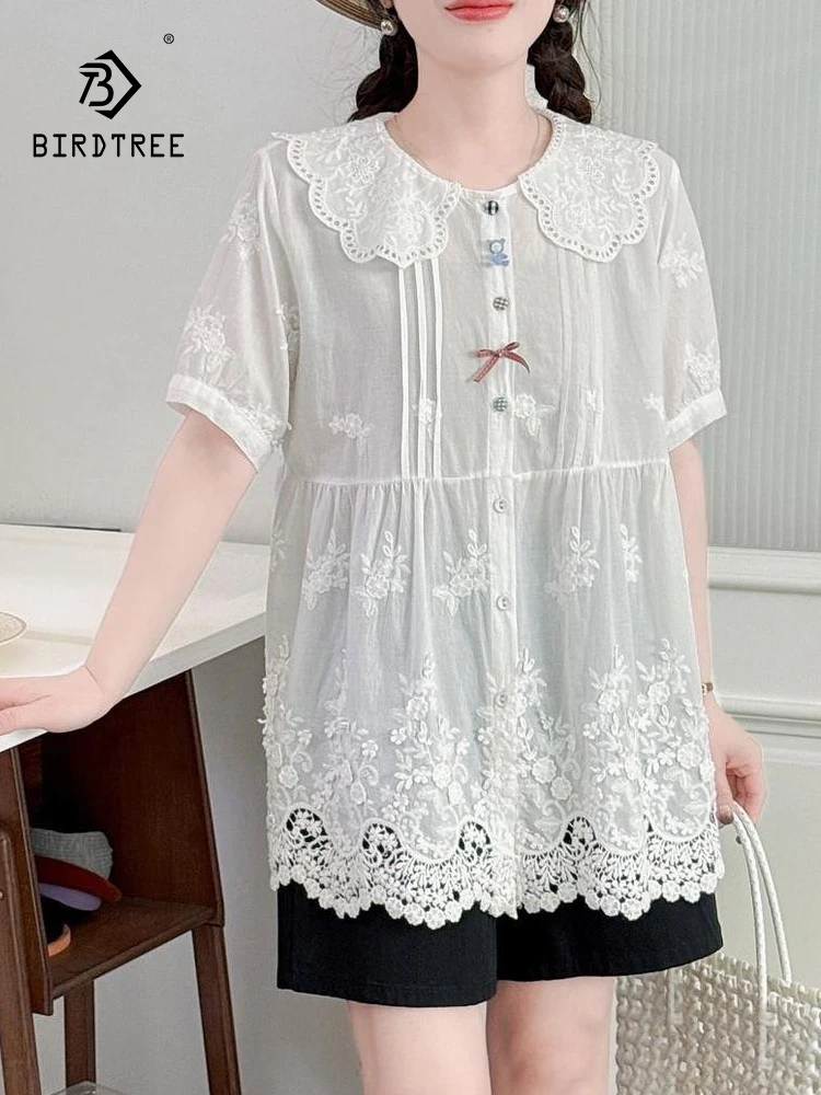 

New 2026 Summer Women Cotton Short Sleeve Shirt, Peter Pan Collar Embroidery, Mori Girl Sweet Preppy Style Loose Blouse T64382CC