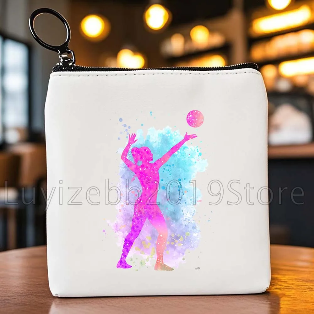 Pallavolo Ragazza Pittura ad acquerello Stampa artistica Amante dello sport Regalo Uomo Donna Borsa portamonete in tela Borsa per carte di archiviazione chiave Custodia a portafoglio
