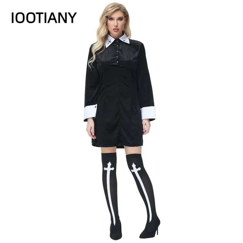 

Women's Sexy Nun Gothic Dark Costume Adult Carnival Halloween Church Religious Dress Abbey Adams Cosplay Fancy Dress Party Dress