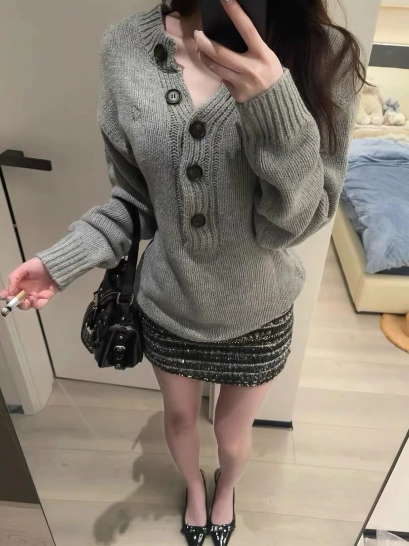 

Henry Knitted Sweater f Open Collar Overhead Soft Loose Single Button Women's Faion Slimming Warm Autumn Long Sve rou...