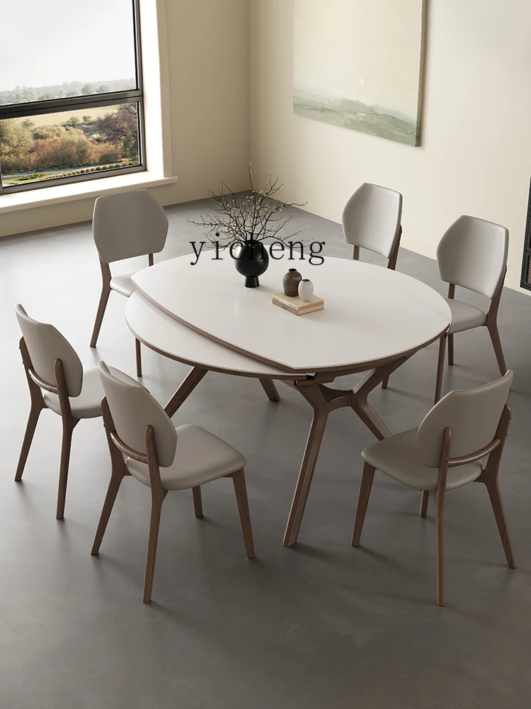 Tqh Modern Minimalist Stone Plate Dining Tables and Chairs Set Retractable Folding Square and round Dual-Use Dining Table