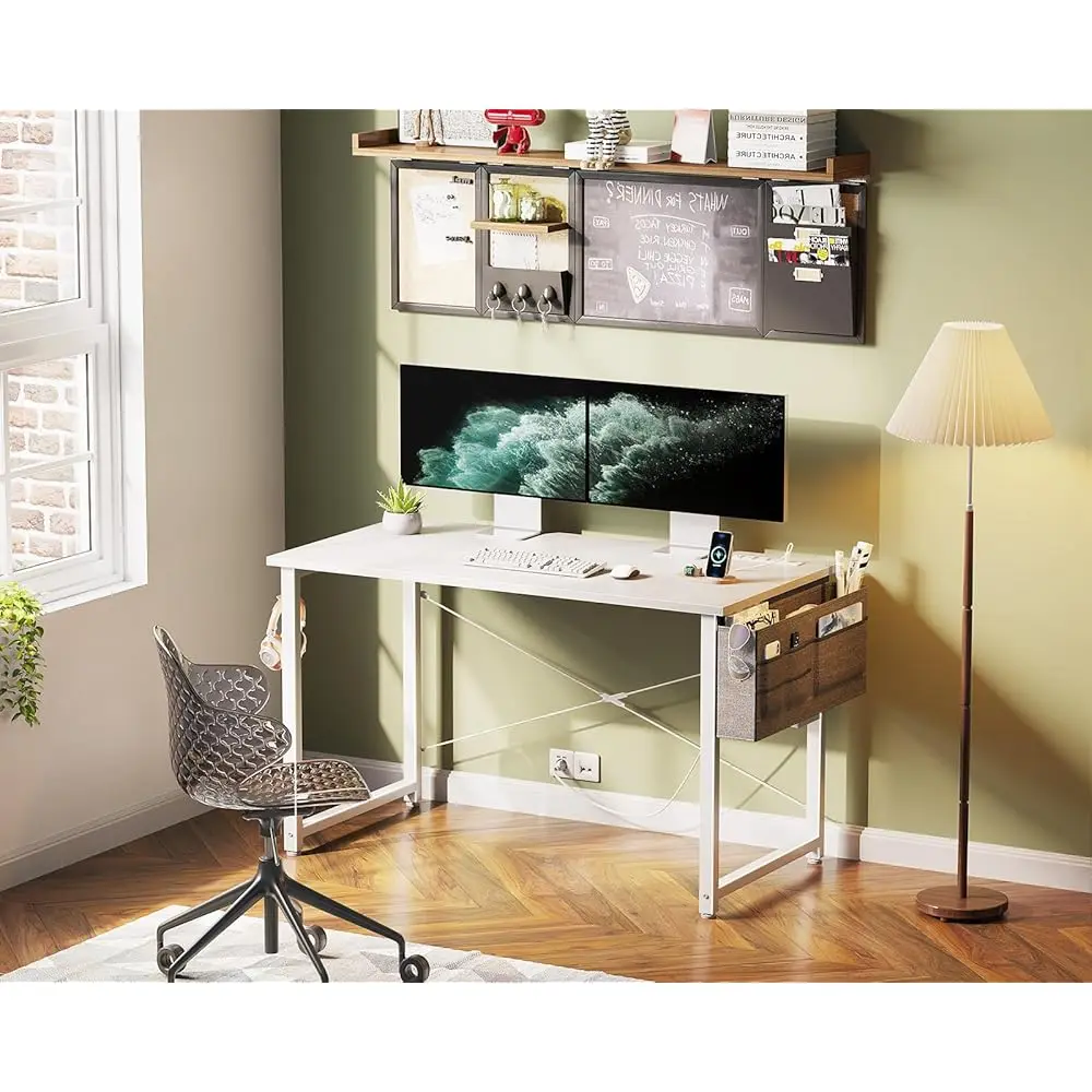 Small Desk With Power Outlets And Usb Port Computer Desk For Home Office Gaming Style Writing Desks With Storage Bag Headphone