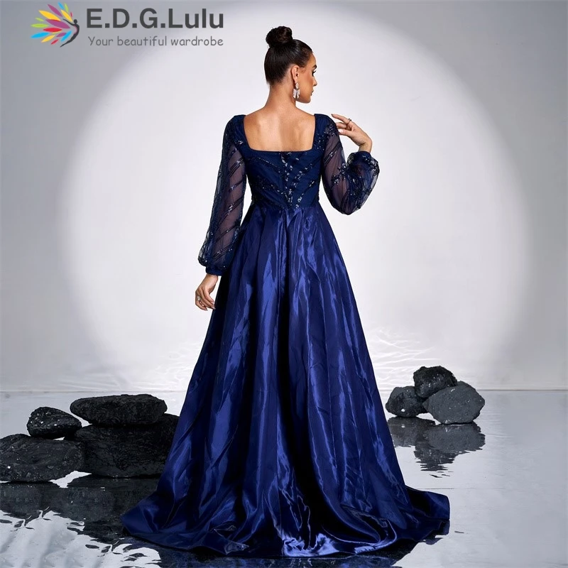 EDGLuLu Abito da compleanno con maniche a lanterna Donna 2024 Elegante abito da sera lungo con paillettes stampato patchwork in raso blu 1125