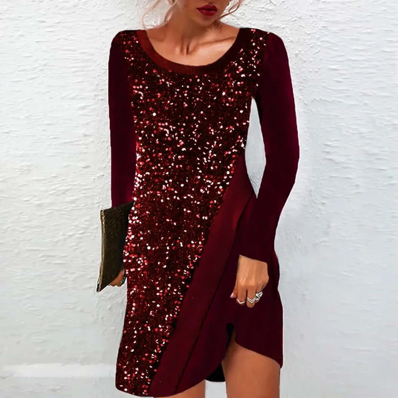 Winter Dresses For Women 2024 Long Sleeve Round Neck A-Line Glitter Sparkly Sequin Dress For Women Princess Dresses For Girls