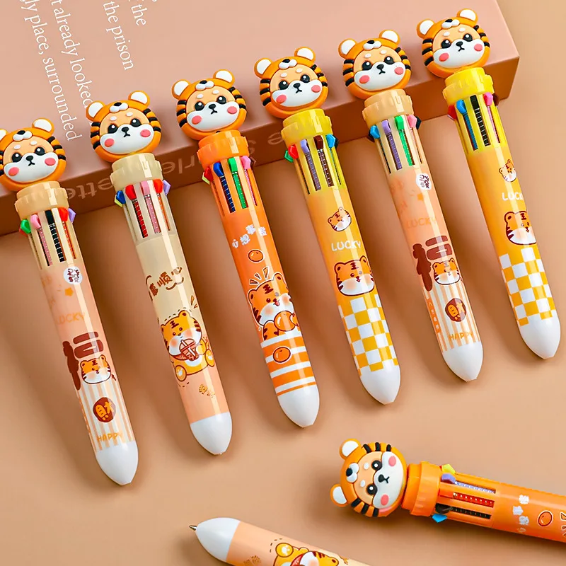 10 Colors Ballpoint Pen Kawaii Tiger Colorful Ink Gel Pens Silicone Press Pens Kids Gifts Toy Korean Stationery School Office