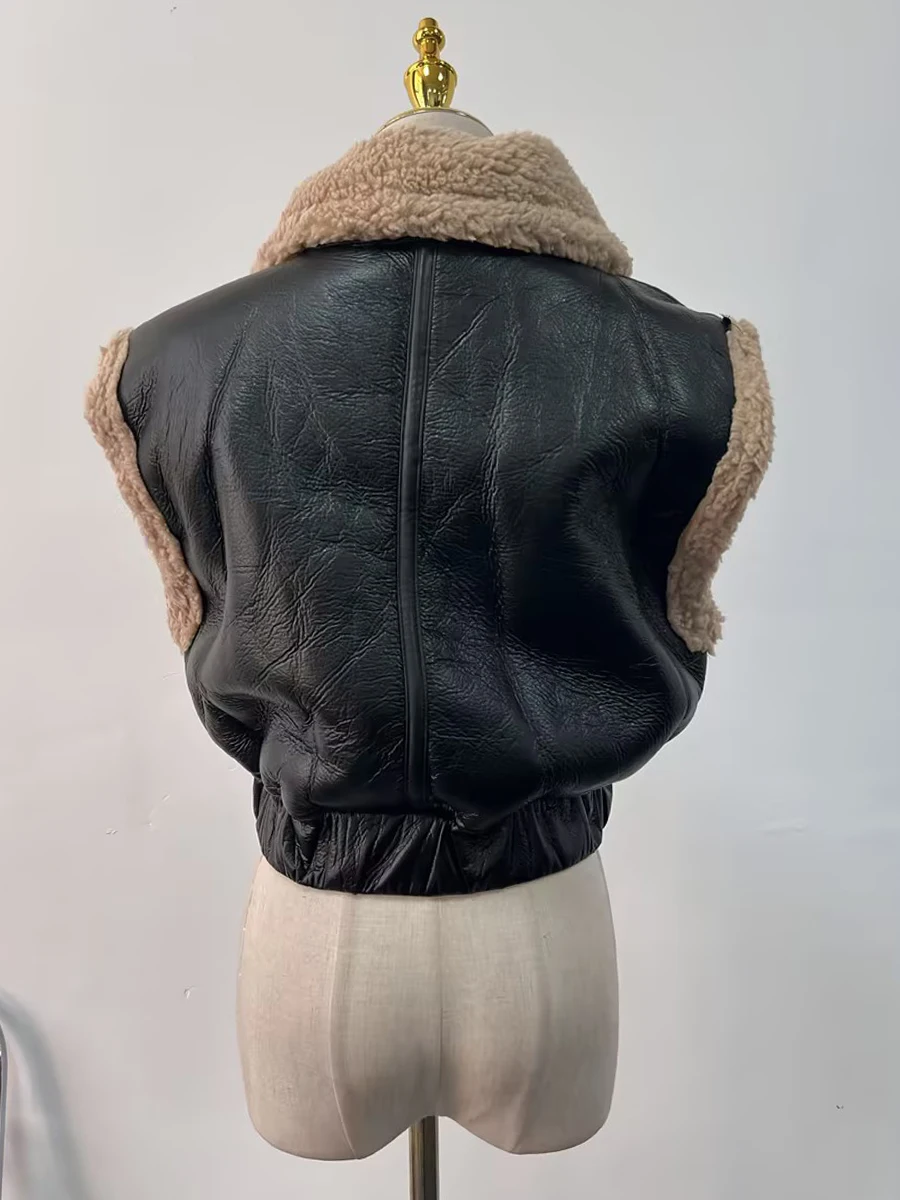 TWOTWINSTYLE Solid Minimalist Patchwork Zipper Jacket Vest For Women Lapel Sleeveless Spliced Pockets Temperament Coat Female