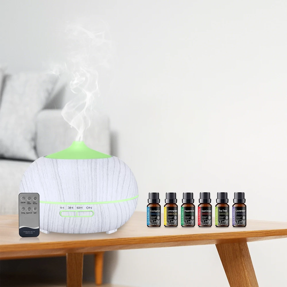 

550ml Wood Grain Essential Oil Diffuser with Remote, 7 Color LED & 6 Oils