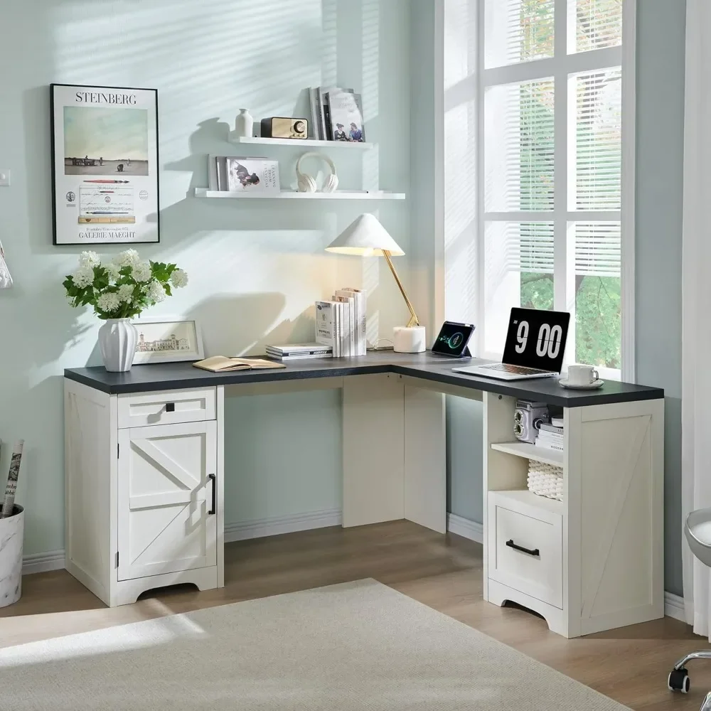 L Shaped Desk, Corner Computer Desk with File Drawer & Charging Station, Home Office Huge Workspace Study Writing Desk