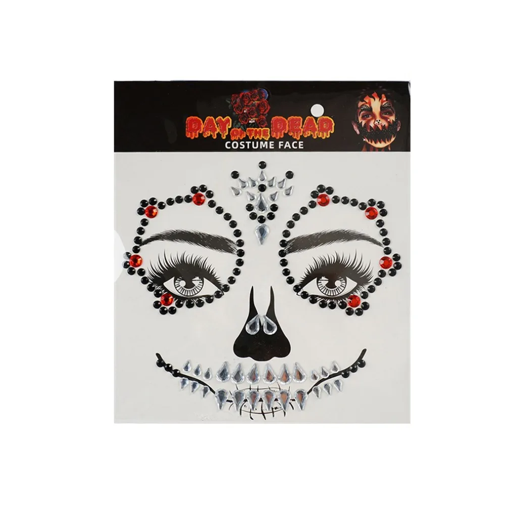 

Funny Rhinestone Face Sticker DIY Clown Makeup Halloween Fake Tattoo Cosplay Props Colorful Crystal Skull Face Sticker Body Art