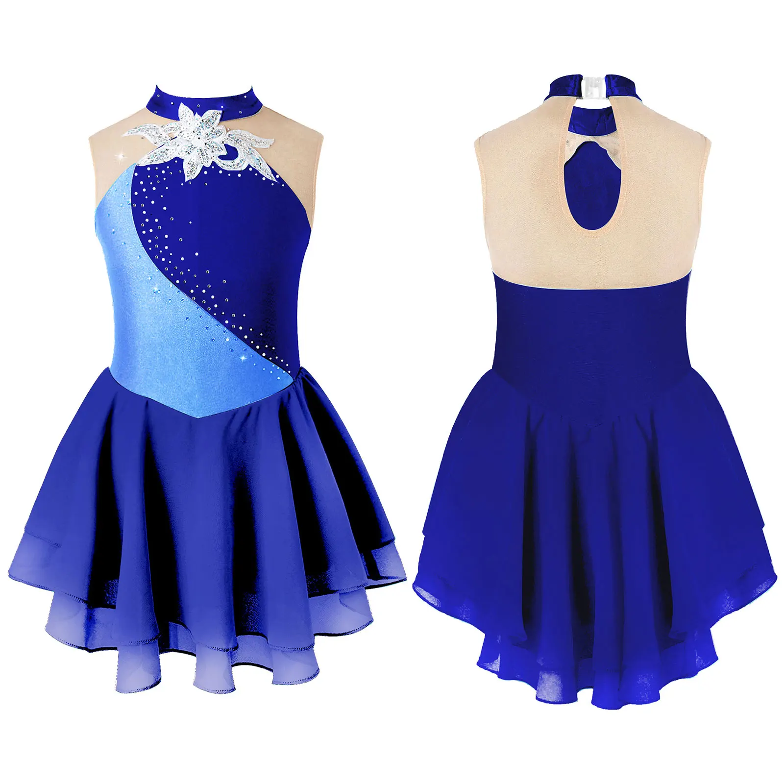 Kids Girls Patchwork Skating Dance Dress Performance Costume senza maniche girocollo paillettes con strass lucidi decorato floreale