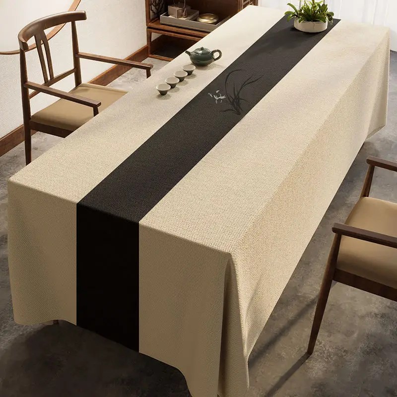 CLT8065 Large conference tablecloth with Chinese embroidery cotton linen solid color tea tablecloth