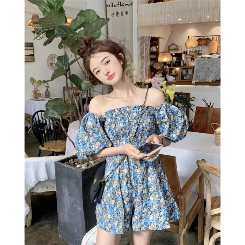 Women's Summer Casual Floral Print Ruffle Jumpsuits Mori Girl Style One-line Collar Loose Kawaii One-piece Clothing