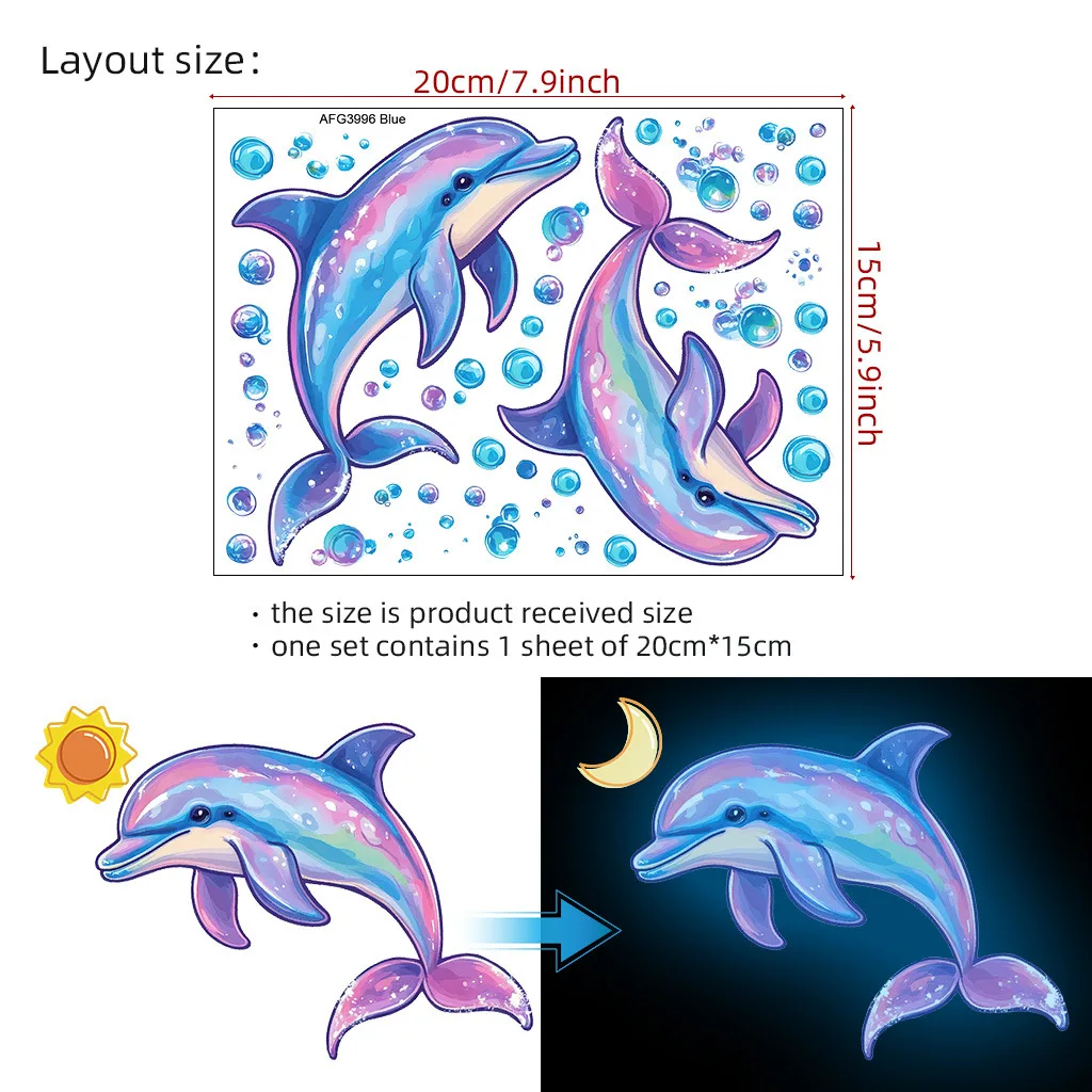 Glow in the Dark Dolphin Bubbles Wall Stickers Ocean Theme Kids Room Decor Removable Self-Adhesive Decals For Nursery Bathroom