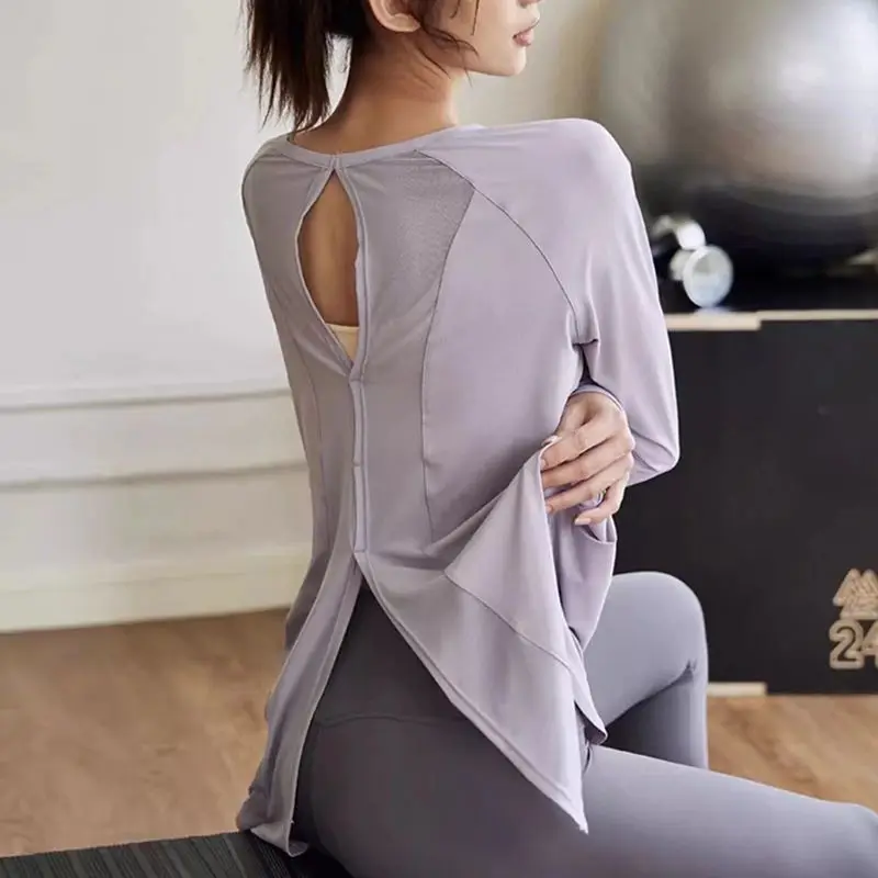 

Yoga Clothing Women Loose Blouse Sports Tops Back Split Long Sleeve Breathable Quick Dry Running Training Fitness Clothing Gym