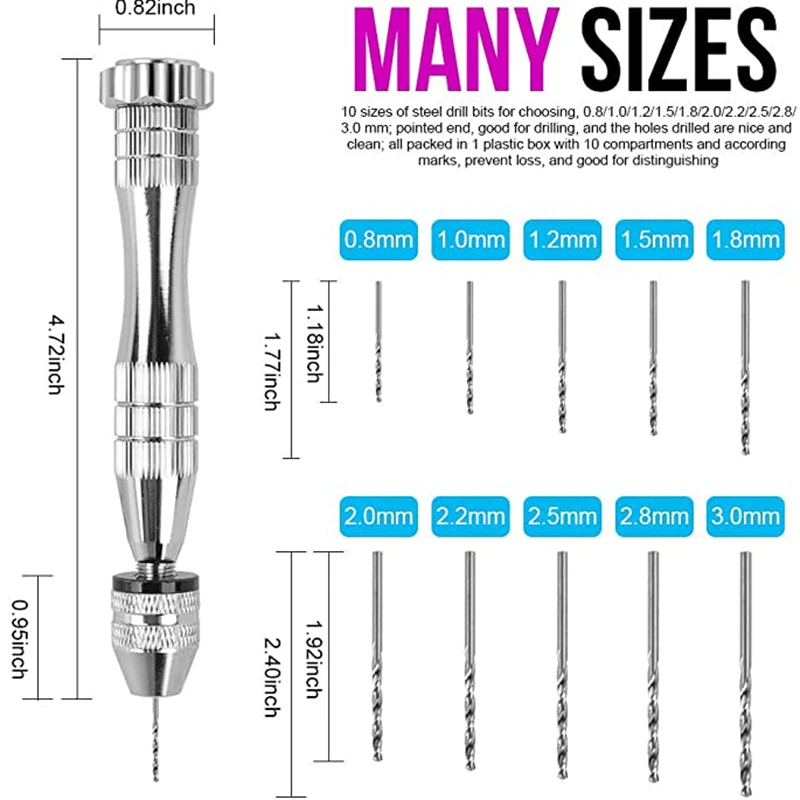 1 Set Micro Steel Hand Drill Bits Set with 10 Pcs Precision Pin Vise Twist Drill Bits for Drilling Tool DIY Resin Model Making