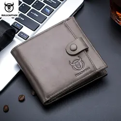 BULLCAPTAIN-cartera de piel auténtica para hombre, monedero pequeño, Retro, corta, informal, británica, multifunción