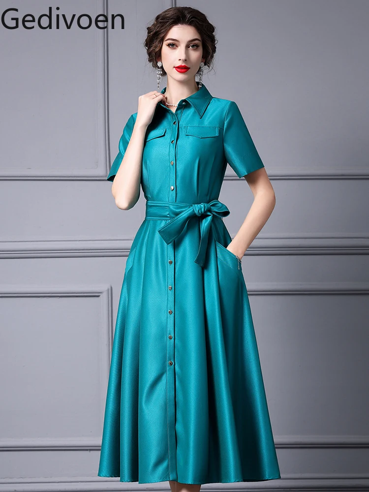 

Gedivoen Fashion Runway Dress Summer Women's Dress Shirt Collar Single Breasted Solid Color A-line Skirt