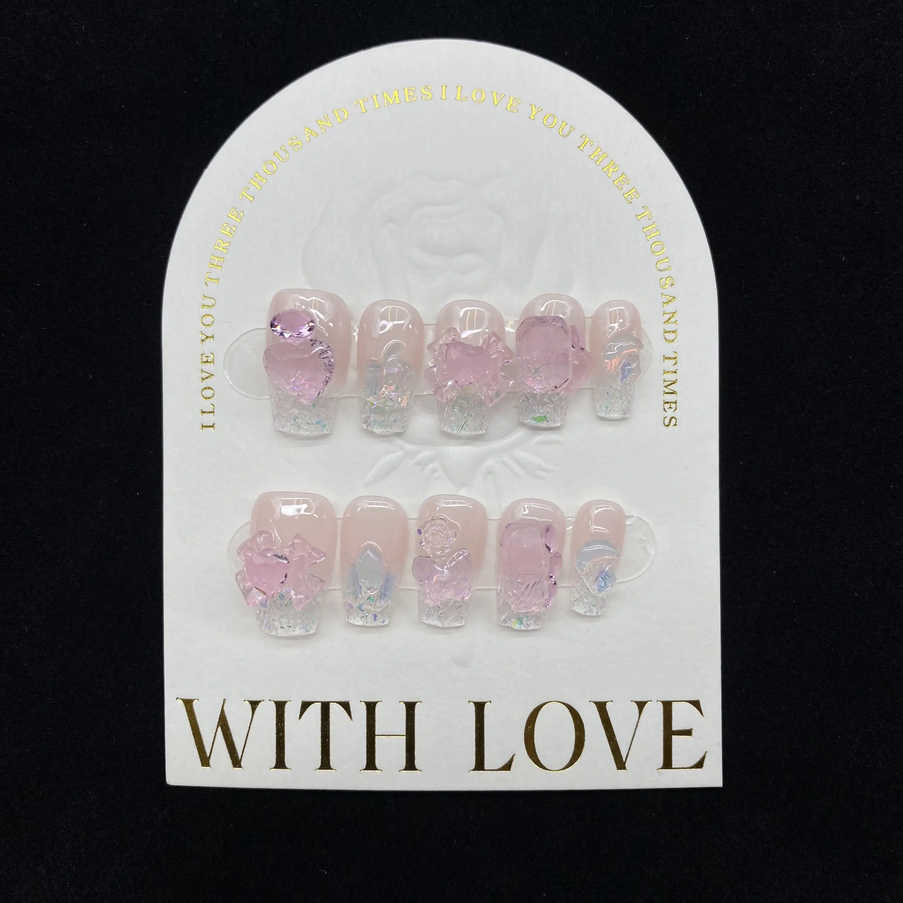 Wholesale Pink Glass Shard Sparkling Dragon Heart Bow Detachable High-Quality Whitening Handmade Press On Nails.No.D126