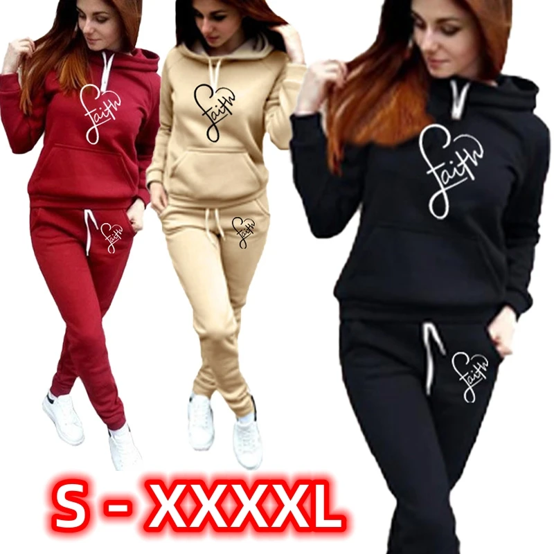 Womens Fashion Letter loving Printed Hoodies and Long Pants Set Tracksuits Women Two Pieces Jogging Sports Wear Suit