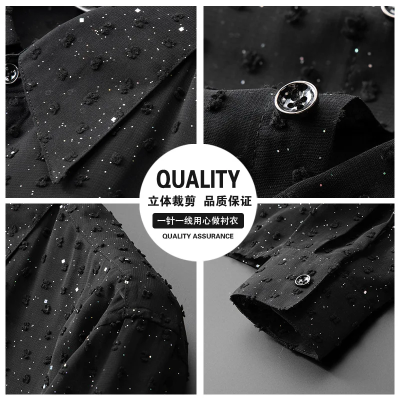 High-quality 3D Sequin Shirts Men Loose Long Sleeve Casual Shirts Social Party Nightclub Stage Performance Costumes Streetwear