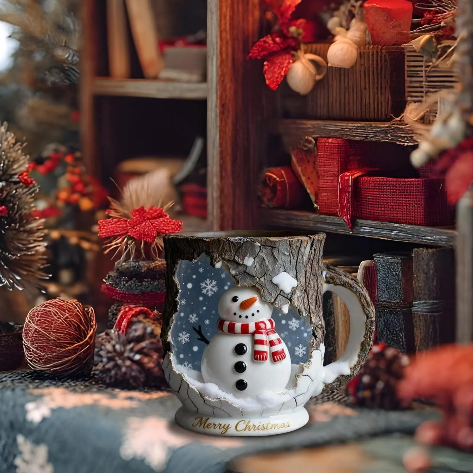Christmas Coffee Cups Bark Crack Texture Holiday Drinking Cups Snowman Design Juice Mug For Traveling Home Table Centerpieces