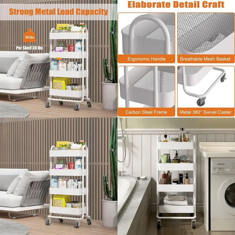 

4-Tier Metal Utility Cart with Wheels, White, Ideal for Kitchen, Home, Office, and Garden Storage (13.4x18.1x40)