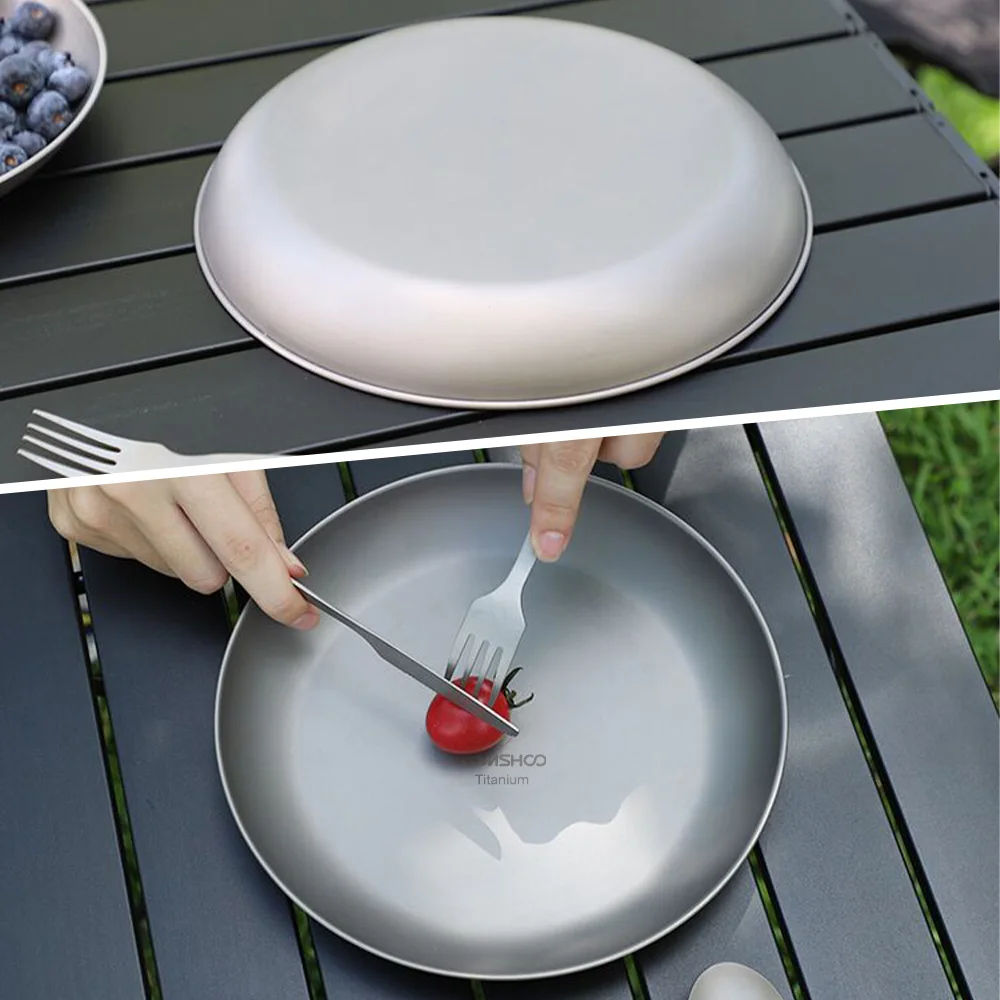 TOMSHOO Outdoor Ultralight Portable Tableware Titanium Round Camping Plate Cookware Dishwasher Safe Backpacking Dinner Plate for