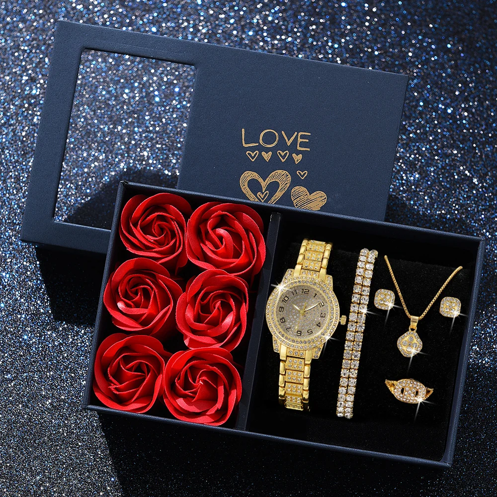 6Pcs Mode Luxus Frauen Uhr Halskette Ohrringe Ring Set Für Frauen Strass Armbanduhr Armband Set Valentinstag Geschenk – Detail 2