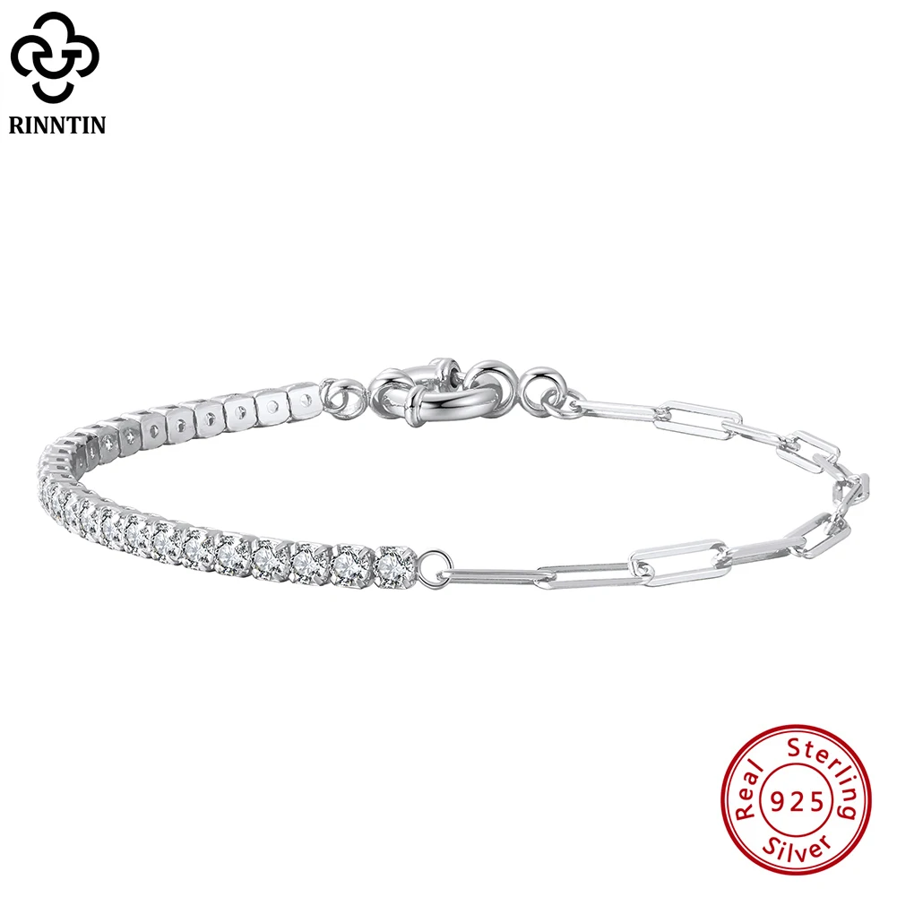 

Rinntin 925 Sterling Silver Paperclip Chains Tennis Bracelet for Women Handmade Clear Cubic Zirconia Bracelets Jewelry SB119