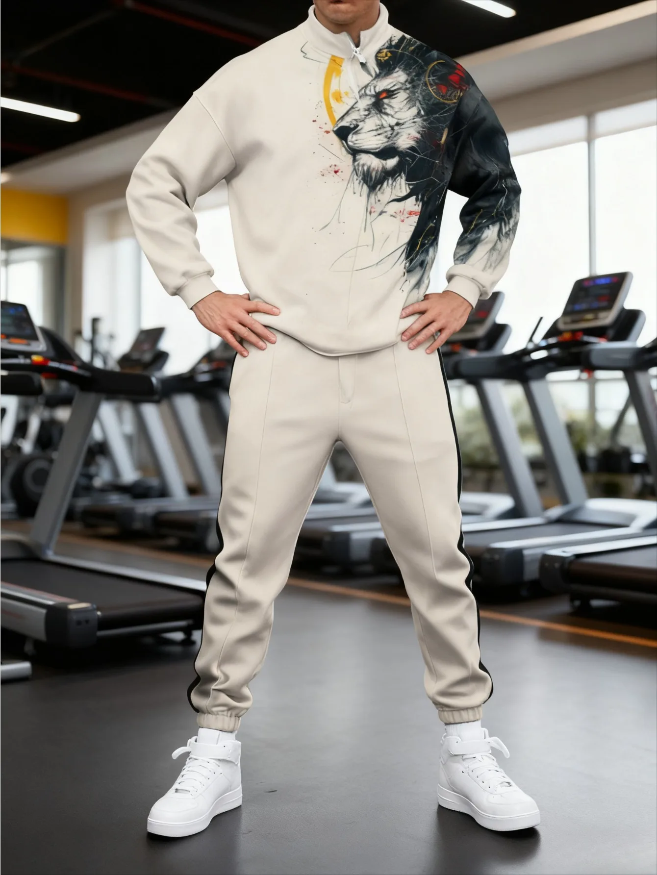 طقم رياضي بنصف سحاب مطبوع رقميًا للرجال من أوروبا وأمريكا - قماش سويت شيرت عالي الجودة صديق للبشرة