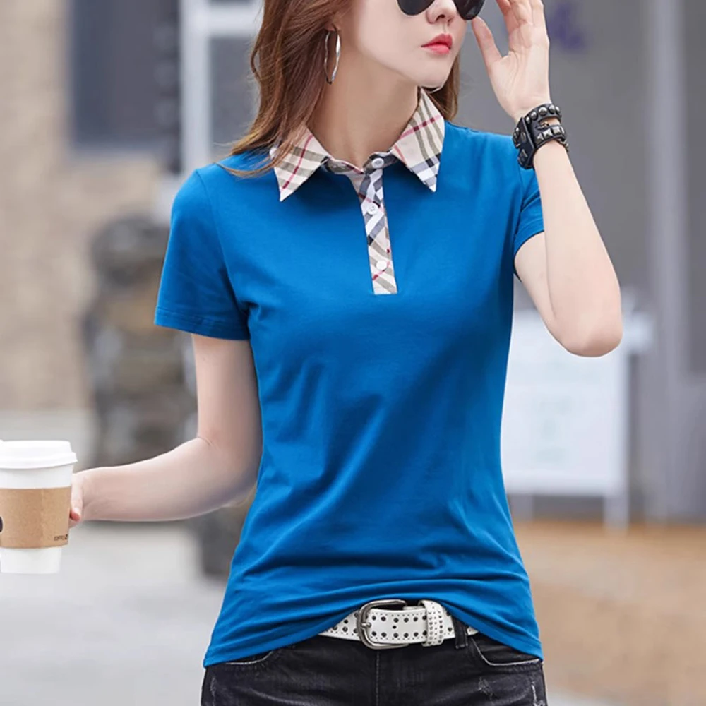 

European Station Short sleeved T-shirt Women's Summer New High end Quality British Fashion Check Collar Casual Large Top